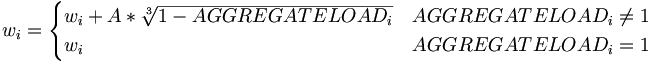 w_i = \begin{cases} w_i + A * \sqrt[3]{1 - AGGREGATELOAD_i} & AGGREGATELOAD_i \ne 1 \\
w_i & AGGREGATELOAD_i = 1 \end{cases}
